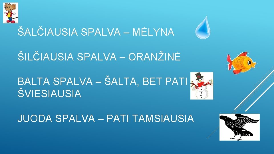 ŠALČIAUSIA SPALVA – MĖLYNA ŠILČIAUSIA SPALVA – ORANŽINĖ BALTA SPALVA – ŠALTA, BET PATI