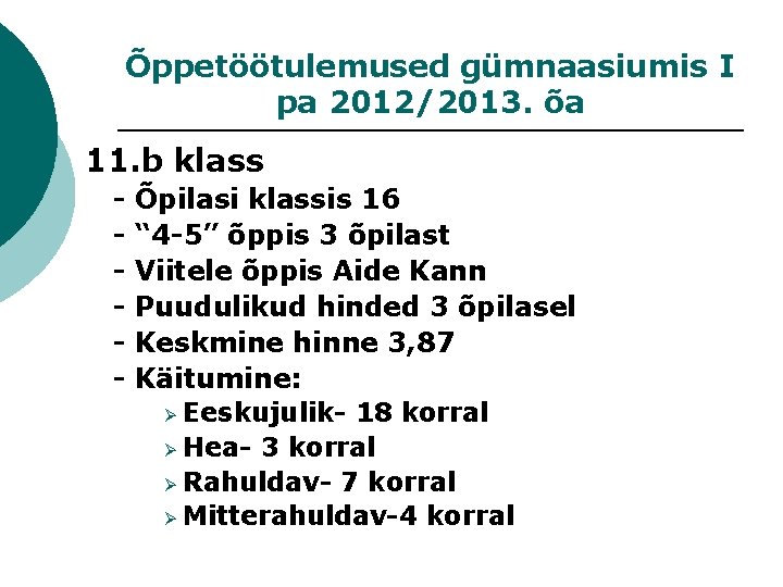 Õppetöötulemused gümnaasiumis I pa 2012/2013. õa 11. b klass - Õpilasi klassis 16 “