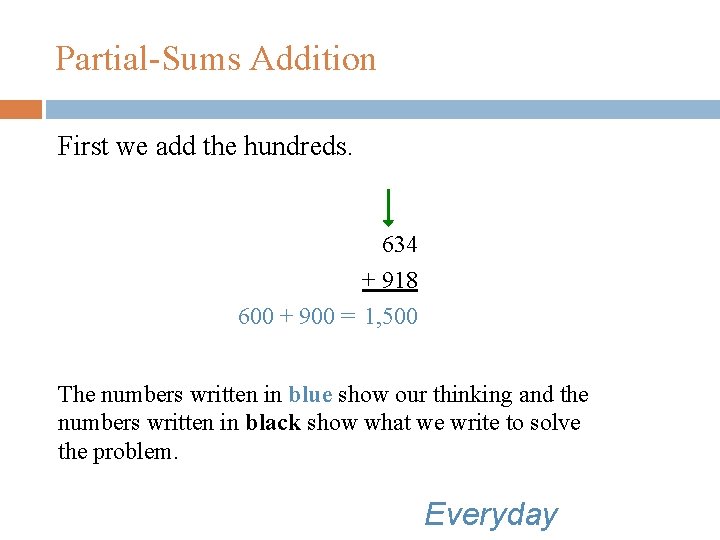Partial-Sums Addition First we add the hundreds. 634 + 918 600 + 900 =