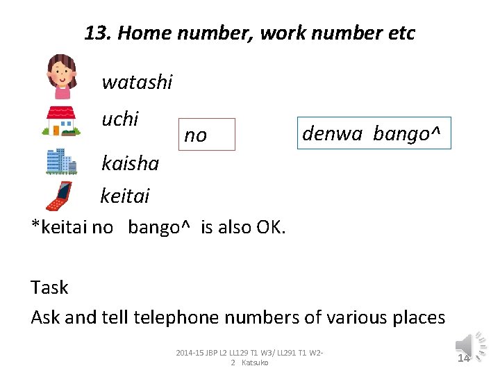 13. Home number, work number etc watashi uchi no denwa bango^ kaisha keitai *keitai