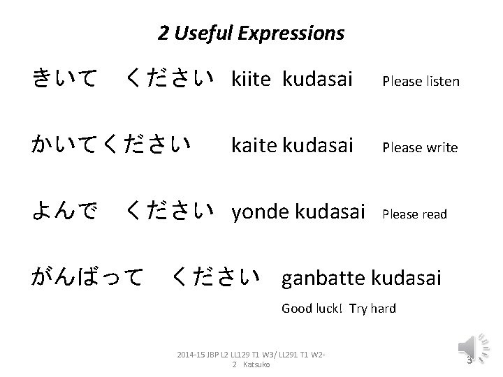 2 Useful Expressions きいて　ください kiite kudasai Please listen かいてください kaite kudasai Please write よんで　ください
