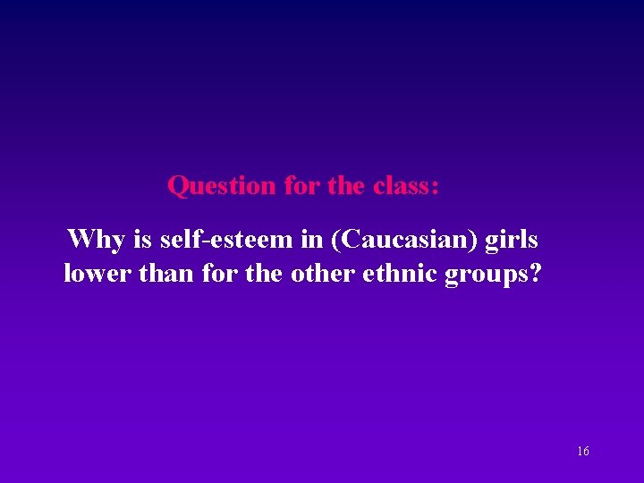 Question for the class: Why is self-esteem in (Caucasian) girls lower than for the