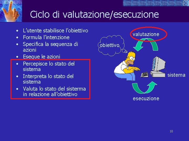 Ciclo di valutazione/esecuzione • L’utente stabilisce l’obiettivo • Formula l’intenzione • Specifica la sequenza