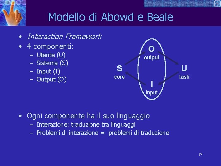 Modello di Abowd e Beale • Interaction Framework • 4 componenti: – – Utente