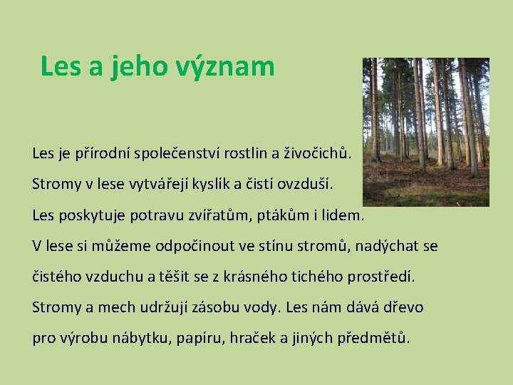 Les a jeho význam Les je přírodní společenství rostlin a živočichů. Stromy v lese