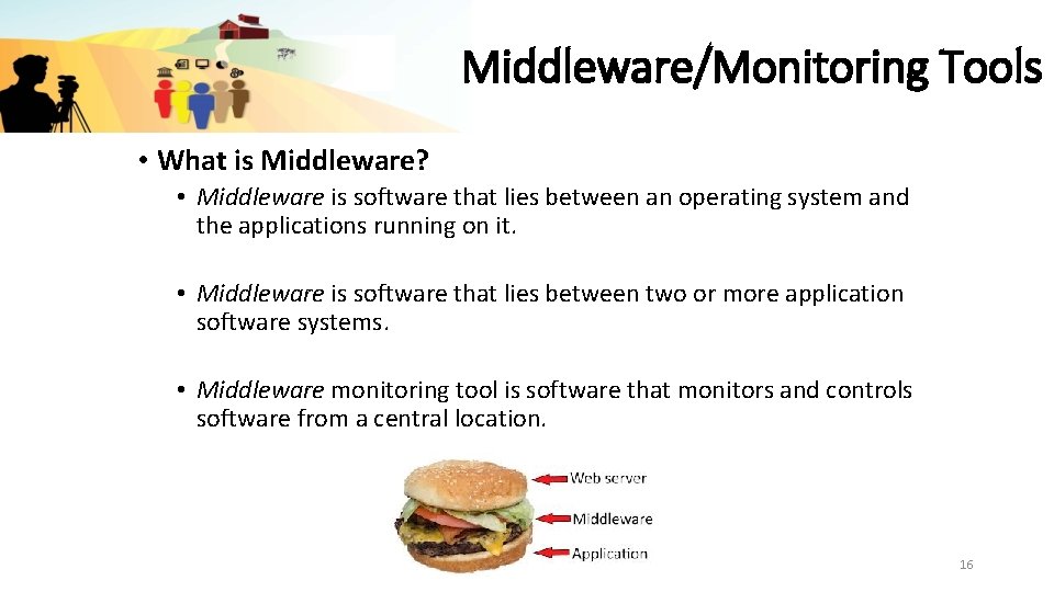 Middleware/Monitoring Tools • What is Middleware? • Middleware is software that lies between an