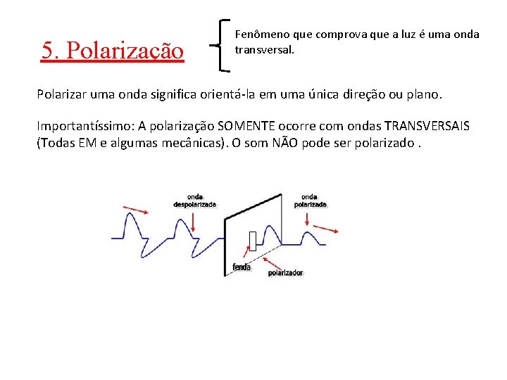 5. Polarização Fenômeno que comprova que a luz é uma onda transversal. Polarizar uma
