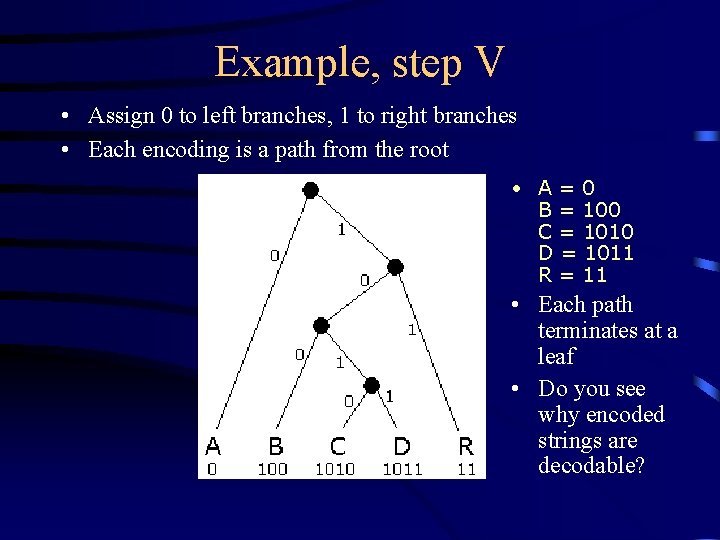 Example, step V • Assign 0 to left branches, 1 to right branches •