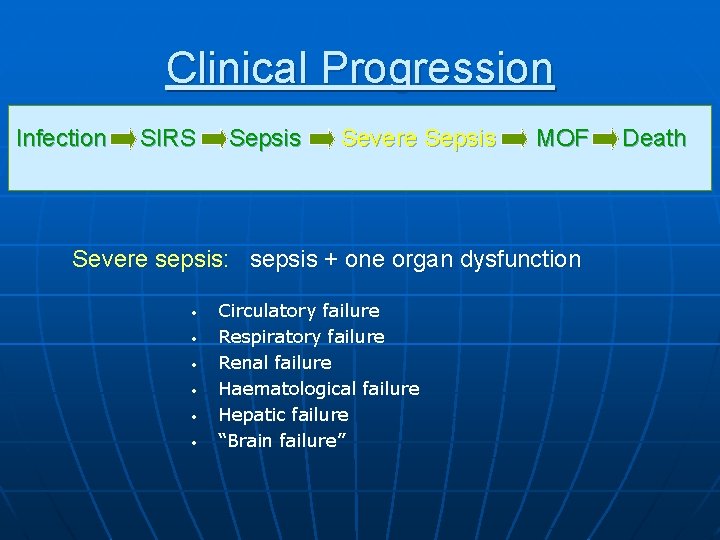 Clinical Progression Infection SIRS Sepsis Severe Sepsis MOF Severe sepsis: sepsis + one organ