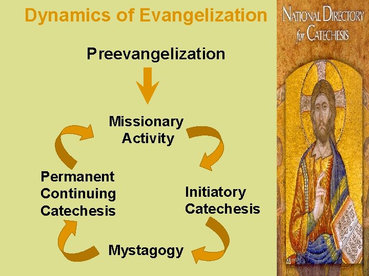 Dynamics of Evangelization Preevangelization Missionary Activity Permanent Continuing Catechesis Mystagogy Initiatory Catechesis 