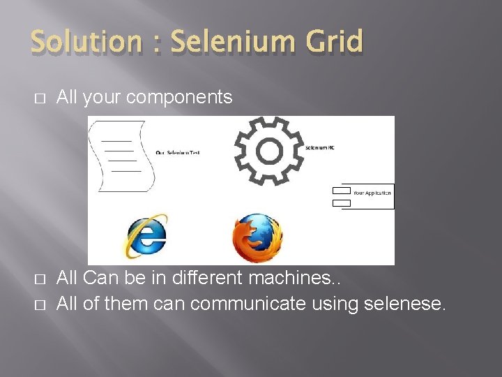 Solution : Selenium Grid � All your components � All Can be in different