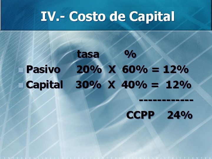IV. - Costo de Capital n Pasivo n Capital tasa 20% 30% X X