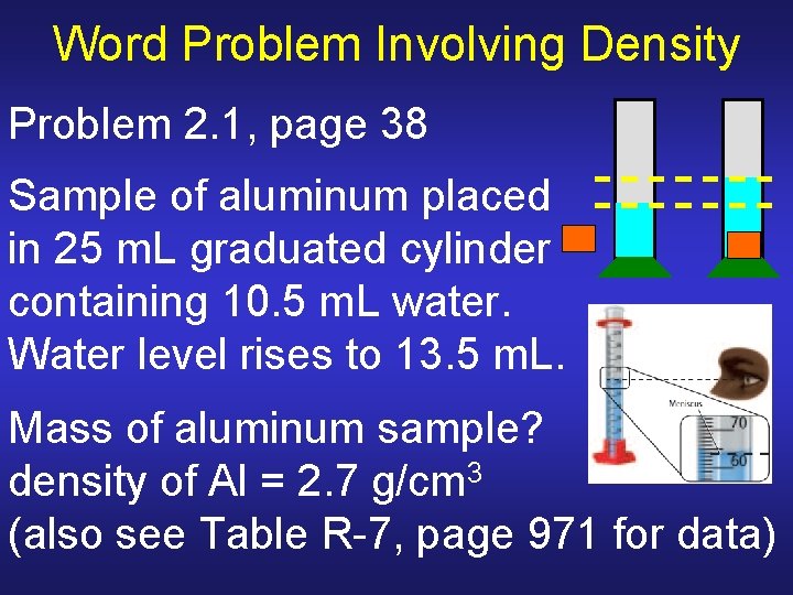 Word Problem Involving Density Problem 2. 1, page 38 Sample of aluminum placed in Word Problem Involving Density Problem 2. 1, page 38 Sample of aluminum placed in