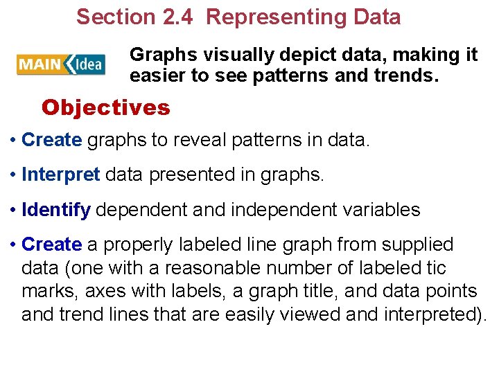 Section 2. 4 Representing Data Graphs visually depict data, making it easier to see Section 2. 4 Representing Data Graphs visually depict data, making it easier to see