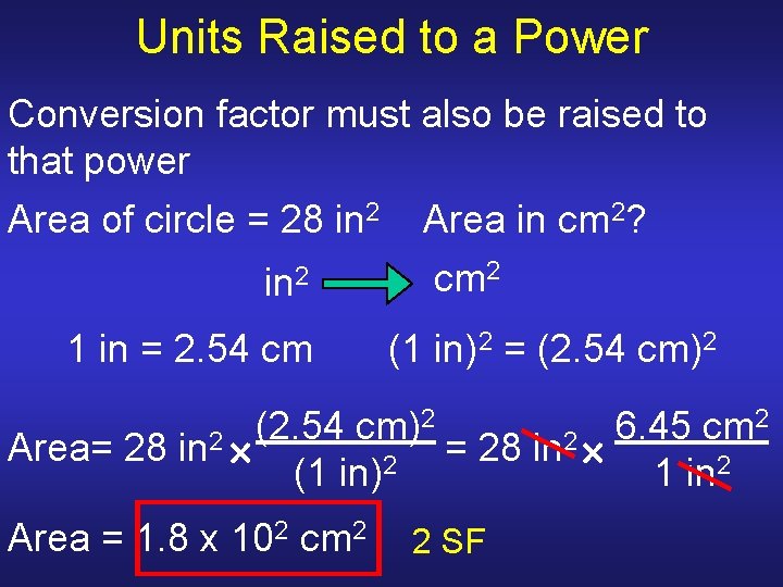 Units Raised to a Power Conversion factor must also be raised to that power Units Raised to a Power Conversion factor must also be raised to that power