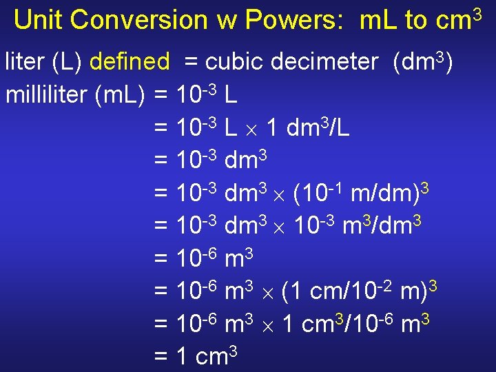 Unit Conversion w Powers: m. L to cm 3 liter (L) defined = cubic Unit Conversion w Powers: m. L to cm 3 liter (L) defined = cubic
