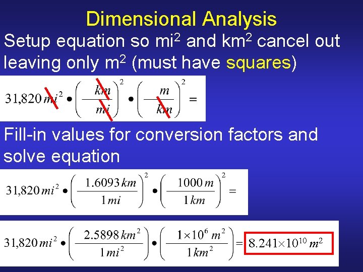 Dimensional Analysis Setup equation so mi 2 and km 2 cancel out leaving only Dimensional Analysis Setup equation so mi 2 and km 2 cancel out leaving only