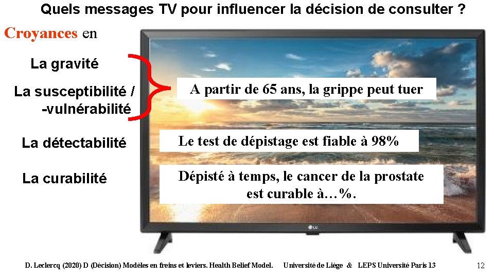 Quels messages TV pour influencer la décision de consulter ? Croyances en La gravité