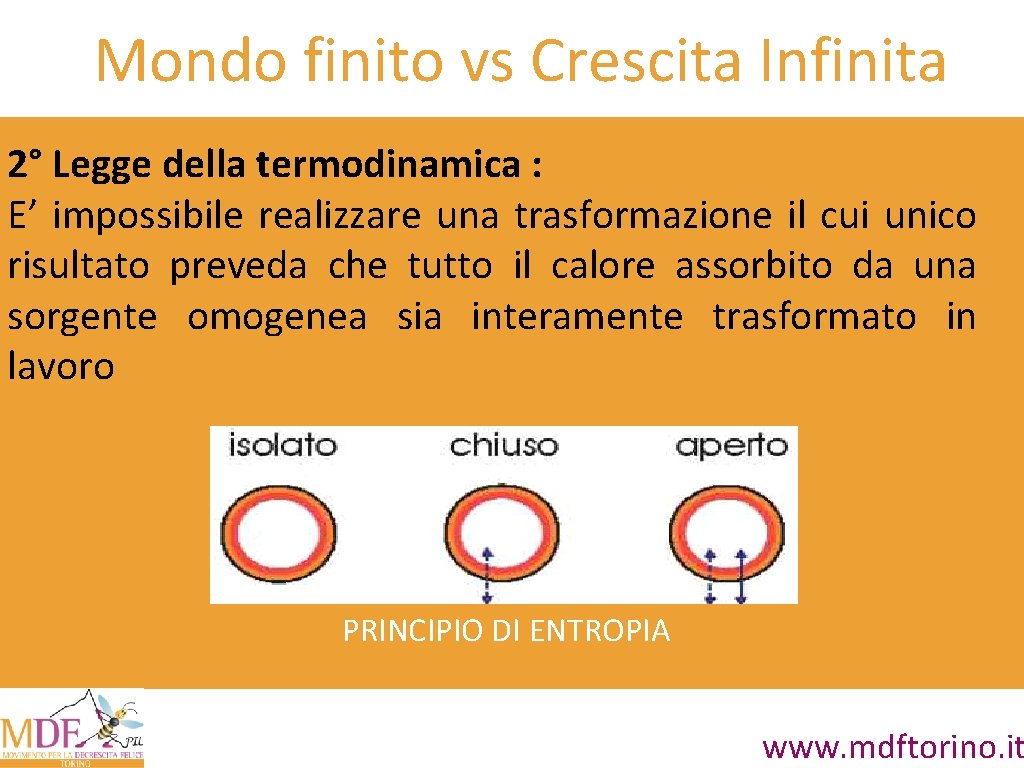 Mondo finito vs Crescita Infinita 2° Legge della termodinamica : E’ impossibile realizzare una