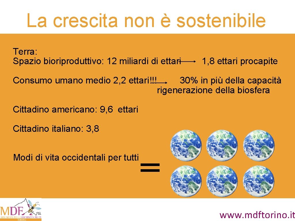 La crescita non è sostenibile Terra: Spazio bioriproduttivo: 12 miliardi di ettari Consumo umano