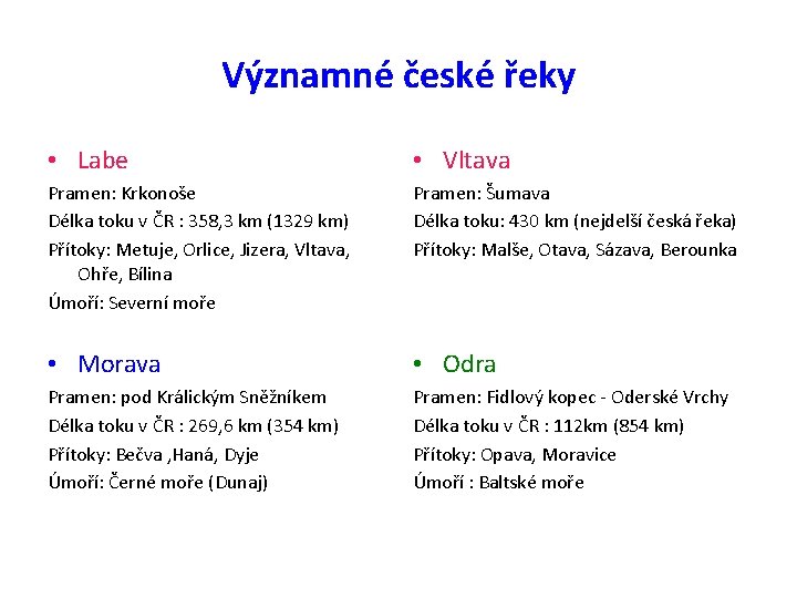 Významné české řeky • Labe • Vltava Pramen: Krkonoše Délka toku v ČR :