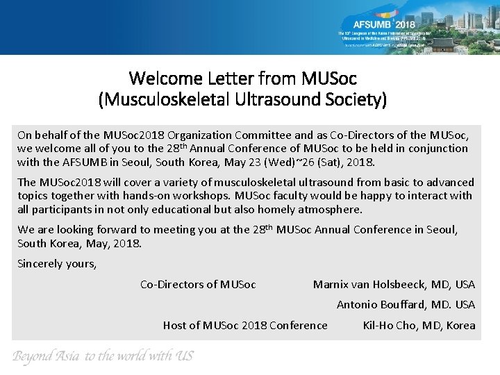 Welcome Letter from MUSoc (Musculoskeletal Ultrasound Society) On behalf of the MUSoc 2018 Organization