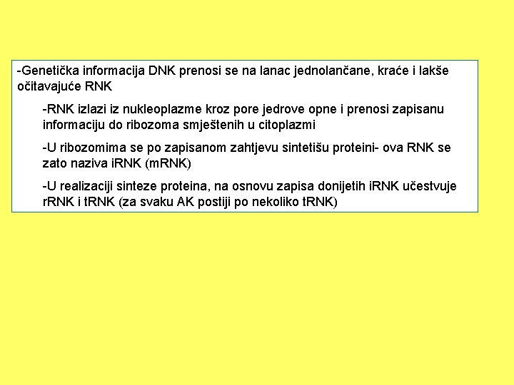 -Genetička informacija DNK prenosi se na lanac jednolančane, kraće i lakše očitavajuće RNK -RNK