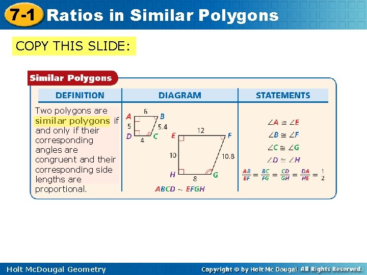 7 -1 Ratios in Similar Polygons COPY THIS SLIDE: Two polygons are similar polygons