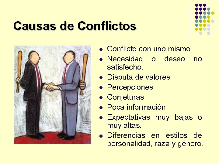 Causas de Conflictos l l l l Conflicto con uno mismo. Necesidad o deseo