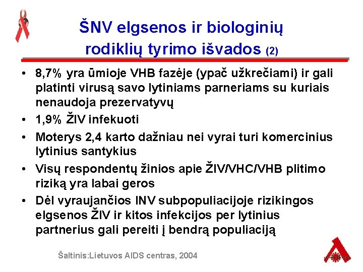 ŠNV elgsenos ir biologinių rodiklių tyrimo išvados (2) • 8, 7% yra ūmioje VHB