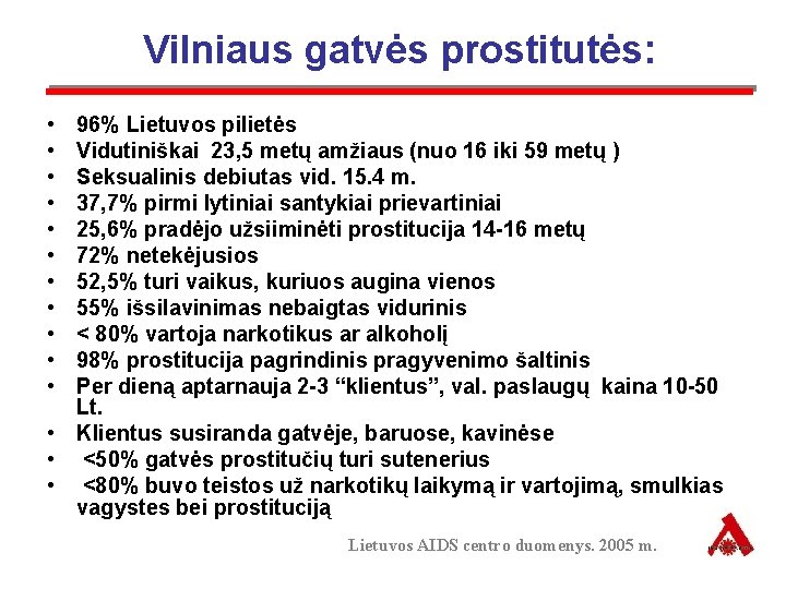 Vilniaus gatvės prostitutės: • • • 96% Lietuvos pilietės Vidutiniškai 23, 5 metų amžiaus