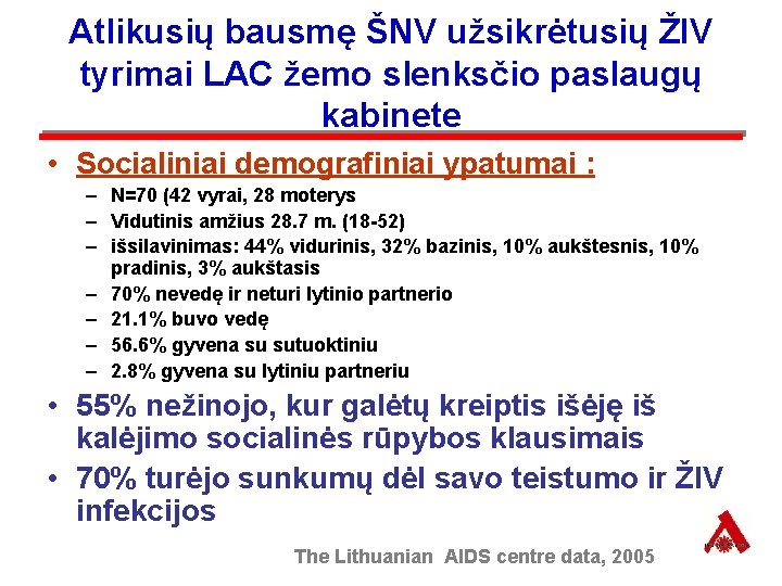 Atlikusių bausmę ŠNV užsikrėtusių ŽIV tyrimai LAC žemo slenksčio paslaugų kabinete • Socialiniai demografiniai