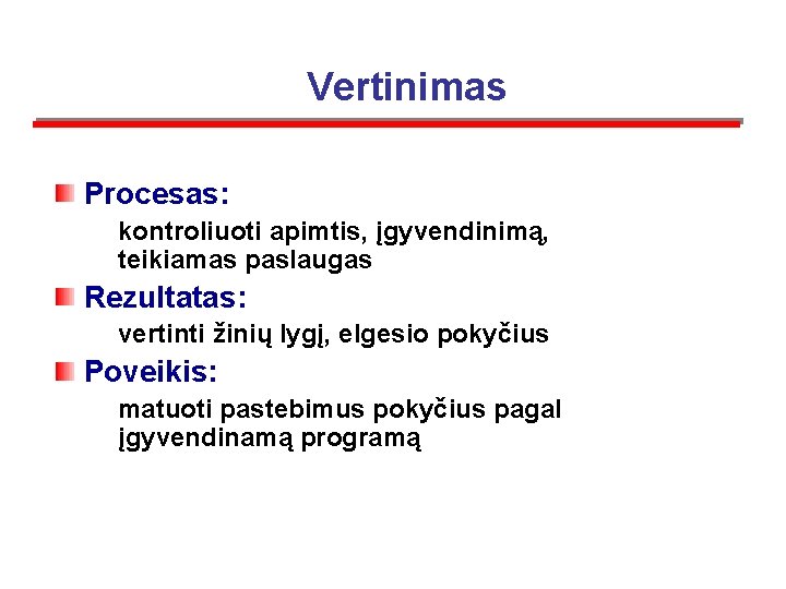 Vertinimas Procesas: kontroliuoti apimtis, įgyvendinimą, teikiamas paslaugas Rezultatas: vertinti žinių lygį, elgesio pokyčius Poveikis: