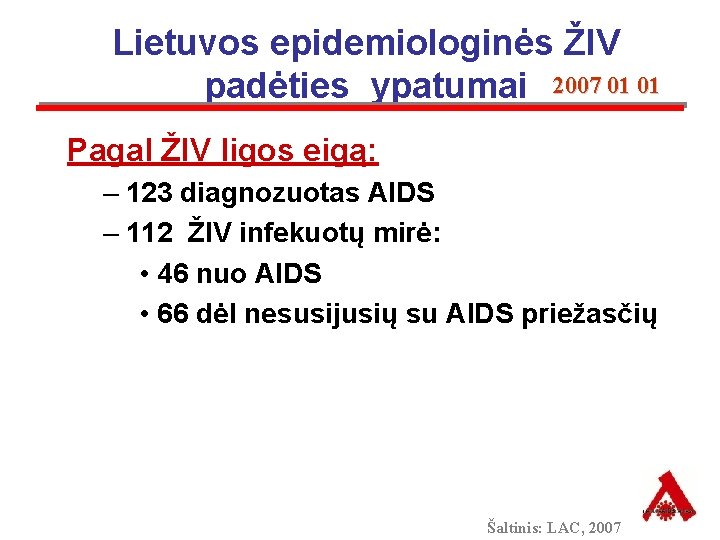 Lietuvos epidemiologinės ŽIV padėties ypatumai 2007 01 01 Pagal ŽIV ligos eigą: – 123