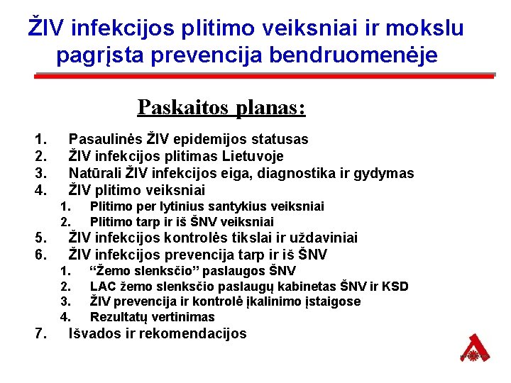 ŽIV infekcijos plitimo veiksniai ir mokslu pagrįsta prevencija bendruomenėje Paskaitos planas: 1. 2. 3.