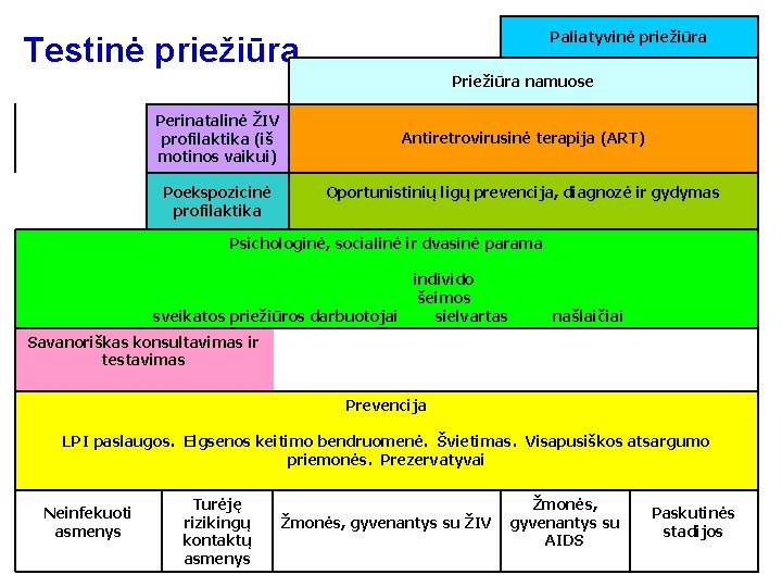 Paliatyvinė priežiūra Testinė priežiūra Priežiūra namuose Perinatalinė ŽIV profilaktika (iš motinos vaikui) Antiretrovirusinė terapija