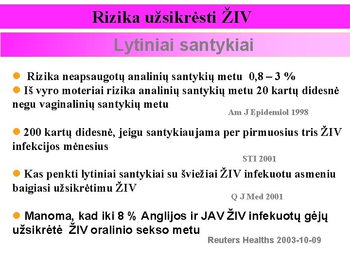 Rizika užsikrėsti ŽIV Lytiniai santykiai l Rizika neapsaugotų analinių santykių metu 0, 8 –