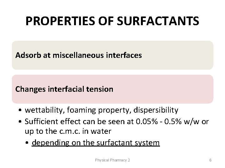 PROPERTIES OF SURFACTANTS Adsorb at miscellaneous interfaces Changes interfacial tension • wettability, foaming property,