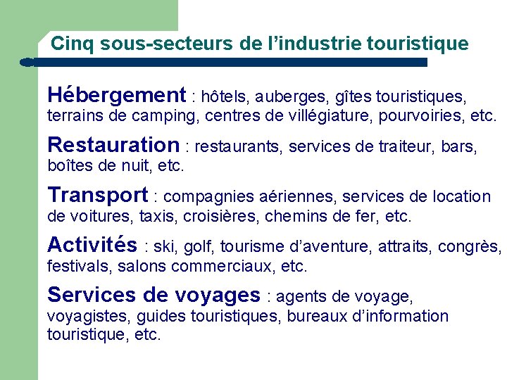 Cinq sous-secteurs de l’industrie touristique Hébergement : hôtels, auberges, gîtes touristiques, terrains de camping,