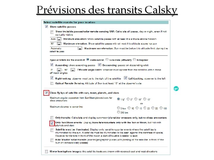 Prévisions des transits Calsky 