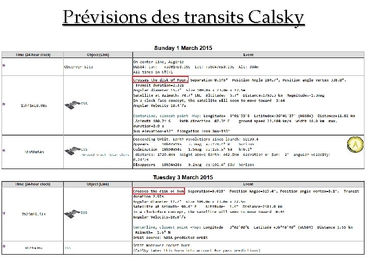 Prévisions des transits Calsky 