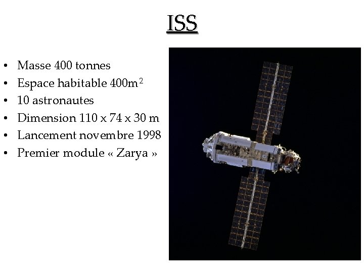 ISS • • • Masse 400 tonnes Espace habitable 400 m 2 10 astronautes