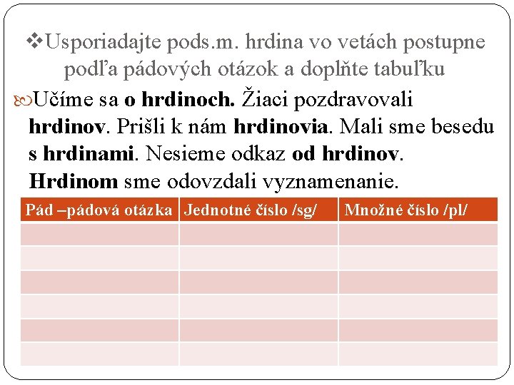 v. Usporiadajte pods. m. hrdina vo vetách postupne podľa pádových otázok a doplňte tabuľku