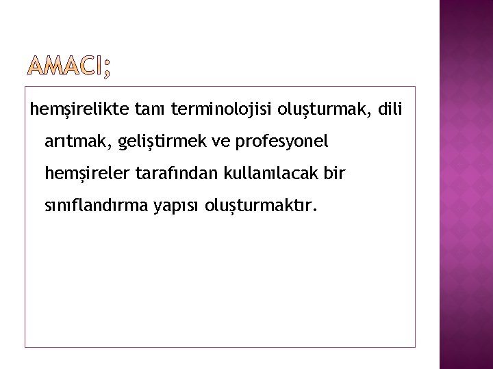 hemşirelikte tanı terminolojisi oluşturmak, dili arıtmak, geliştirmek ve profesyonel hemşireler tarafından kullanılacak bir sınıflandırma hemşirelikte tanı terminolojisi oluşturmak, dili arıtmak, geliştirmek ve profesyonel hemşireler tarafından kullanılacak bir sınıflandırma