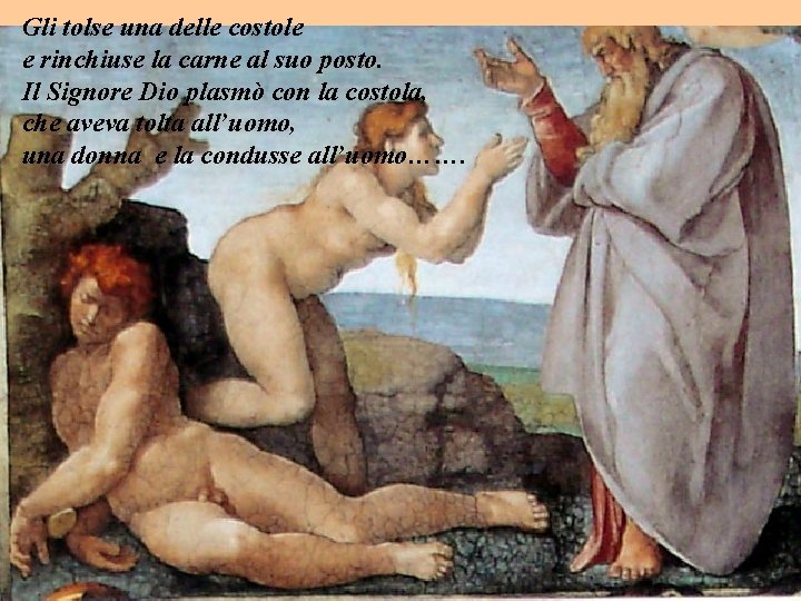 Gli tolse una delle costole e rinchiuse la carne al suo posto. Il Signore Gli tolse una delle costole e rinchiuse la carne al suo posto. Il Signore