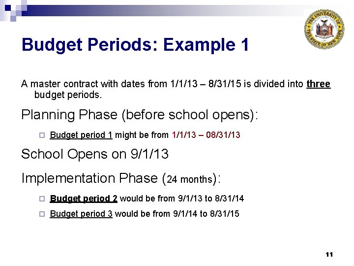 Budget Periods: Example 1 A master contract with dates from 1/1/13 – 8/31/15 is