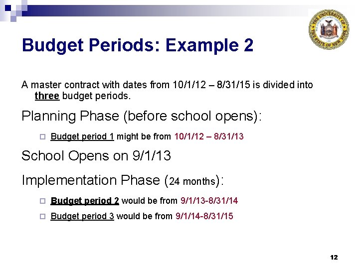 Budget Periods: Example 2 A master contract with dates from 10/1/12 – 8/31/15 is