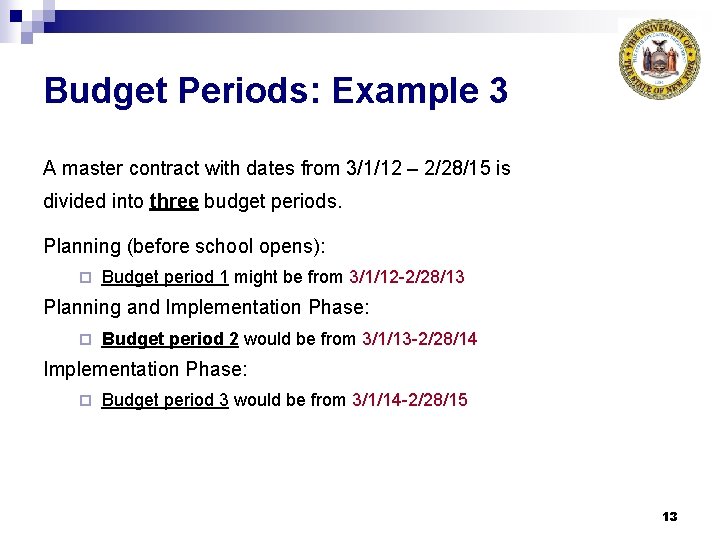 Budget Periods: Example 3 A master contract with dates from 3/1/12 – 2/28/15 is