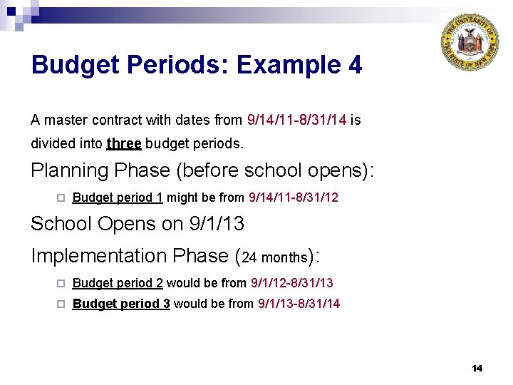 Budget Periods: Example 4 A master contract with dates from 9/14/11 -8/31/14 is divided
