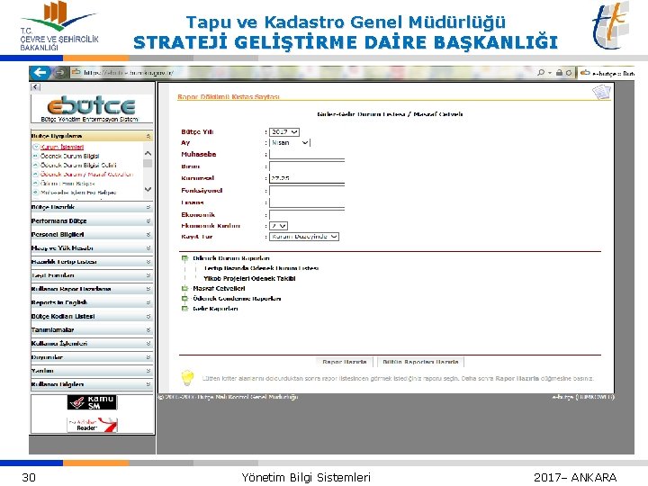 Tapu ve Kadastro Genel Müdürlüğü STRATEJİ GELİŞTİRME DAİRE BAŞKANLIĞI BÜTÇE UYGULAMALARI 30 Yönetim Bilgi